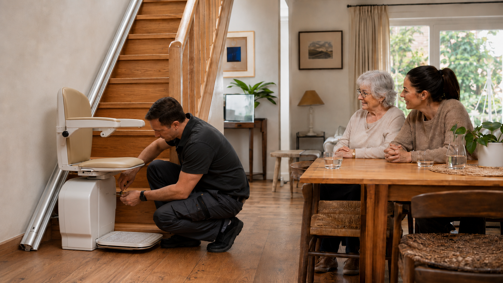 Familia revisando el consumo eléctrico de un salvaescaleras con una asesora en una vivienda.