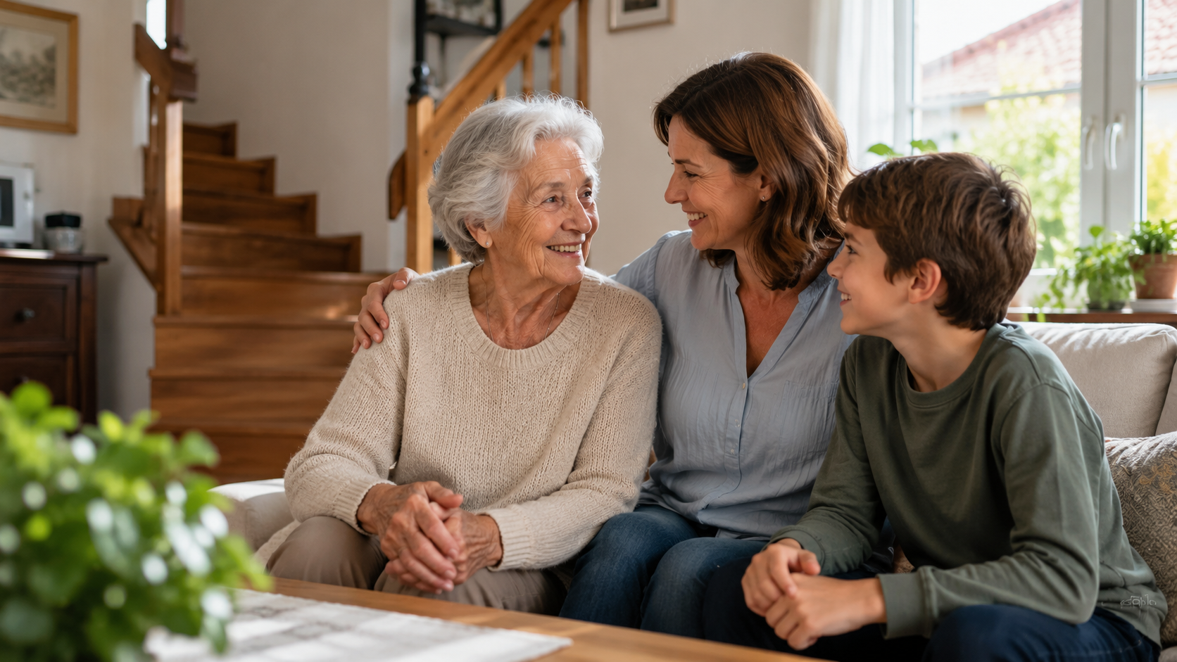 Abuela con su hija y su nieto en casa junto a una escalera, en un ambiente familiar tranquilo.