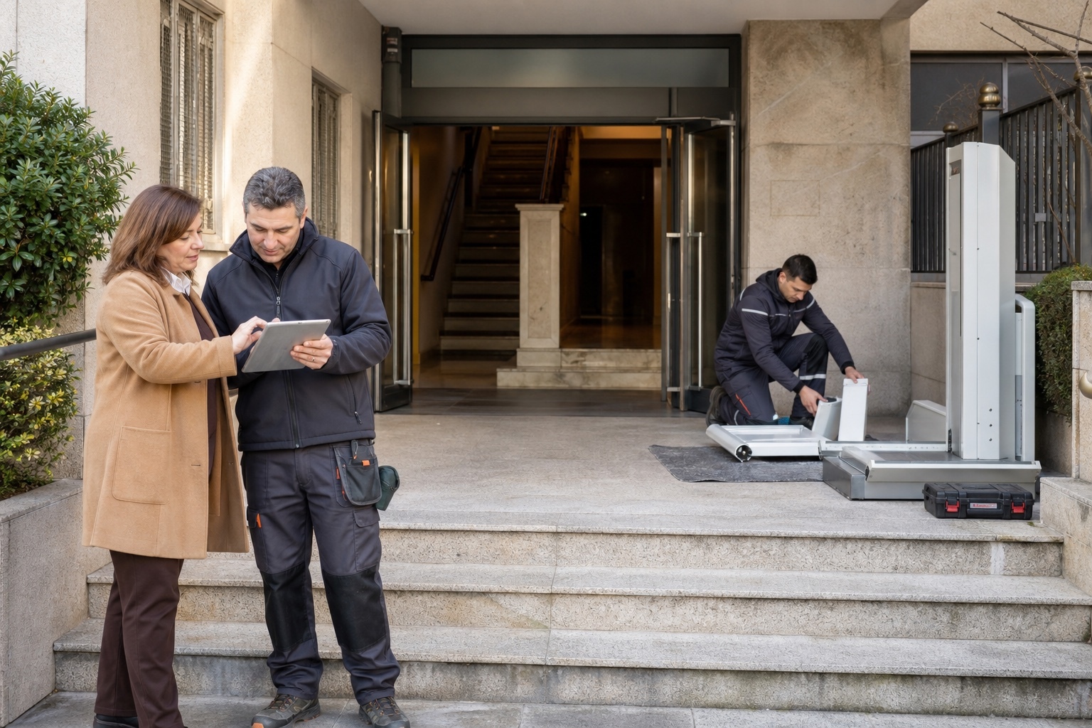 Administradora y vecinos coordinan la instalación de un salvaescaleras en el portal de una comunidad